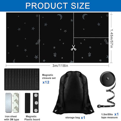 Magnetic Blackout Shades Temporary Blackout Curtains 100% Blackout Blind Window Cover for Windows and Doors, Cut to Any Size/Shape (118"x57") (Moon & Stars)