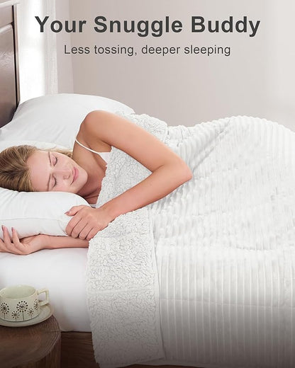 Sherpa Fleece Weighted Blanket with Ribbed Stripes for Adults, 15 lbs Dual Sided Cozy Warm Blanket for Couch Full Size Bed, Ceramic Beads Heavy Thick Blankets Great for Sleep, White, 60" x 80"