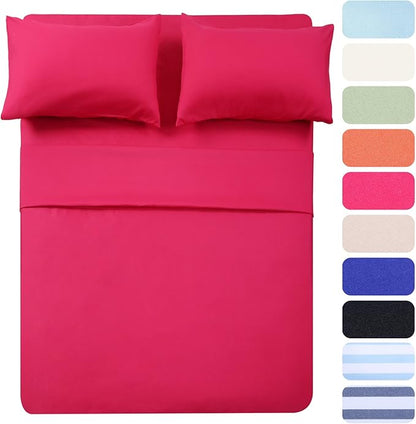 4 Piece Bed Sheet Set (Queen,Hot Pink) 1 Flat Sheet,1 Fitted Sheet and 2 Pillow Cases,Brushed Microfiber Luxury Bedding with Deep Pockets