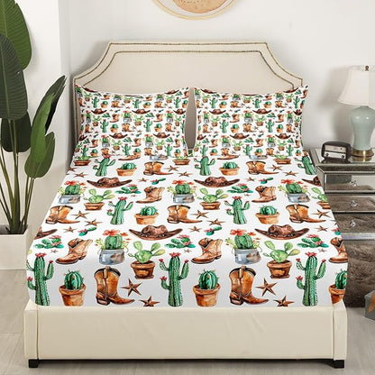 Manfei Cowboy Boots Hats Bed Sheet Set 3 Pieces,American Western Tribal Texas Star Vintage Microfiber Bedding Set Without Flat,Rustic Desert Cactus Natural Fitted Sheet,2 Pillow Cases,Full Size