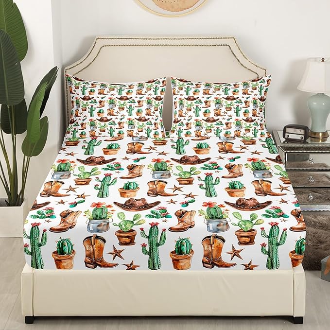 Cowboy Boots Hats Fitted Sheet Set with 2 Pillowcase,American Western Tribal Texas Star Vintage Microfiber Mattress Cover,Rustic Desert Cactus Natural Bed Cover Queen Size