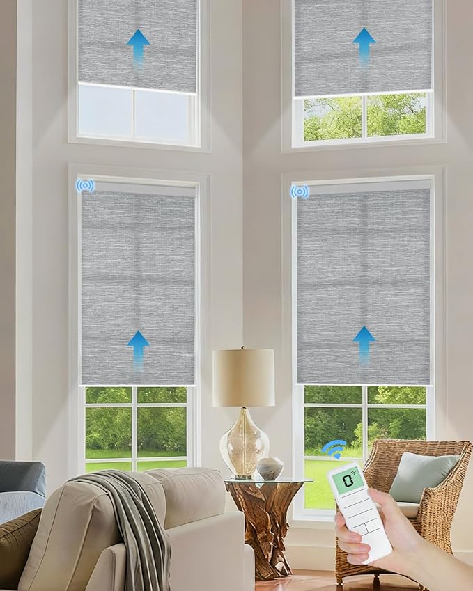 Motorized Light Filtering Roller Shades with Remote Control, Smart Blinds for Windows Compatible with Alexa Google via Hub, Rechargeable Electric Window Shade Customized Size(Texture Grey)