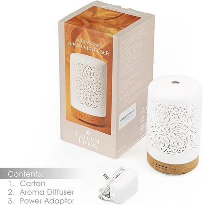 Earnest Living Essential Oil Diffuser White Ceramic Diffuser 100 ml Timers Night Lights and Auto Off Function Home Office Humidifier Aromatherapy Diffusers for Essential Oils