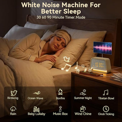 Vivilumens Wooden Alarm Clock White Noise Sound Machine for Sleep 10 Soothing Sounds 10 Natural Sounds for Adults Sleeping Digital Dimmable Night Light Gentle Clock for Bedroom Dual Alarm Ideal Gift