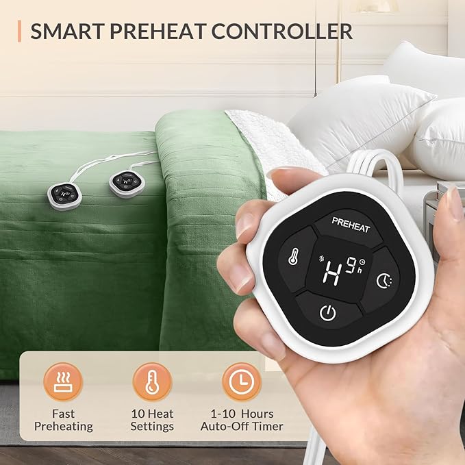 HOMLYNS LuxeHeat Heated Blanket Electric Blanket Queen Size, Soft Flannel Sherpa Heating Blanket with 10 Heat Settings, 1-10 hrs Timer Auto Shut Off (84x90 inches, Green)