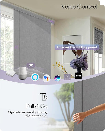 Graywind Rechargeable Smart Sliding Panels Blinds Compatible with Alexa Google Custom Motorized Panel Track Blinds Remote Control for Patio Sliding Door Closet Door Width Up to 177" (Light Grey)