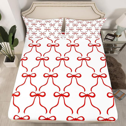 Red Bowknots Full Size Fitted Sheet,Dreamy Bow-tie Ribbon Geometric 3 Pieces Kids Teenager Room Decor Princess Fairy Tale Theme Red and White Pocket 2 Pillowcases