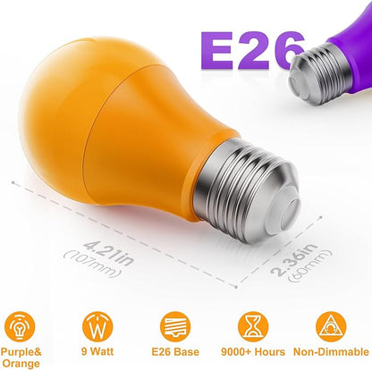 Orange Purple Light Bulbs [2 Pack], A19 LED Orange and Purple Bulb Outdoor, Halloween Light Bulbs, 9W (60 Watt Equivalent) - E26 Colored Light Bulb for Porch Light Christmas Party Home Holiday Decor