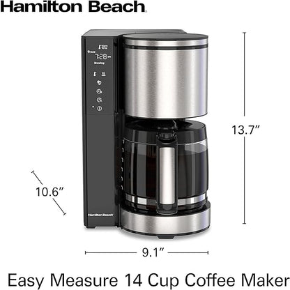 Hamilton Beach 14 Cup Programmable Coffee Maker with Easy Measure Light Up Reusable Filter, Removable 70 Oz. Water Reservoir, Black and Stainless Steel