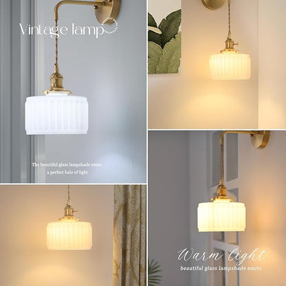 Vintage Wall Sconce with White Striped Shade Pattern Glass Adjustable Chain Retro Gold Wall Mounted Light, Modern Wall Lamp Fixtures Decor for Bedside Bedroom Indoor Doorway