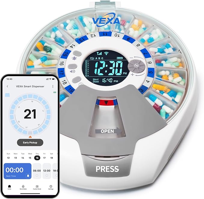 VEXA VitaMate Pro 21 Smart Pill Dispenser with Automatic Rotation, Rising Pill Containers, Sound & Light Alerts, App-Controlled Medication Reminder and Tracker for Tablets, Capsules & Supplements
