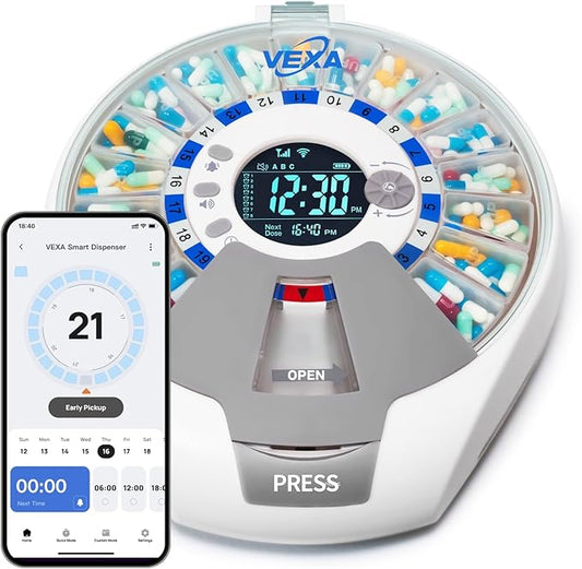 VEXA VitaMate Pro 21 Smart Pill Dispenser with Automatic Rotation, Rising Pill Containers, Sound & Light Alerts, App-Controlled Medication Reminder and Tracker for Tablets, Capsules & Supplements