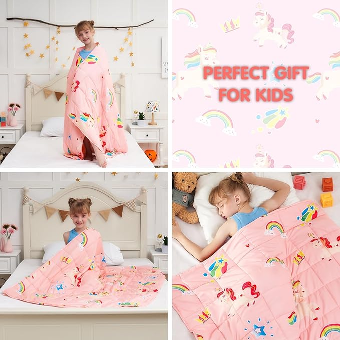 yescool Unicorn Weighted Blanket 10 Pounds Cooling Weighted Lap Blanket, Pink Rainbow Heavy Blanket, Breathable Weighted Throw Blanket Gift for 80-110lbs, 40"x60"