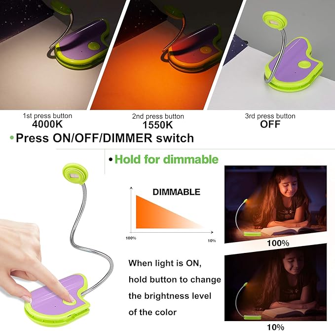 Amber Reading Light Rechargeable, Book Light Kids for Reading in Bed, Clip On Reading Book Light, 2 Lighting Modes, Blue Light Blocking for Eye-Care, Small Bookmark Light for Bookworm-Green