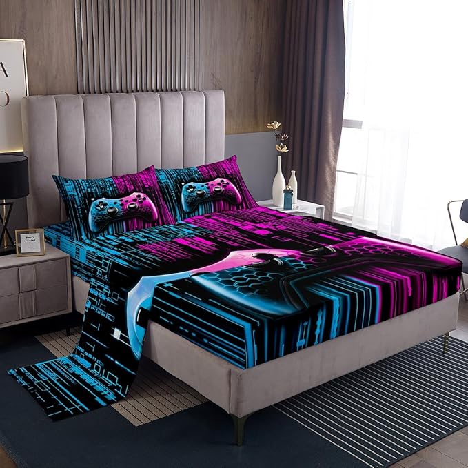Manfei 3D Gamepad Kids Sheet King Size,Videogaming Controller Bedding Set,Boys Girls Room Decor,Modern Geometric Honeycomb Hexagon Blue Pink Fashion Bed Sheet Set 4pcs(Fitted + Flat + 2 Pillowcases)