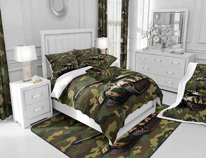 Manfei Aircraft Sheet Set King Size, Army Camo Tank Airplane Bed Sheet Set 4pcs with Deep Pocket Fitted Sheet + Flat Sheet + 2 Pillowcases, Green Camouflage Bedding Set for Kids Boys Teens Room Decor