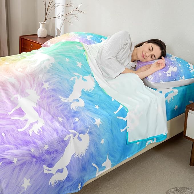 Unicorn Sheet Set Twin Animal Watercolor Bed Sheet Set 3pcs with Deep Pocket Fitted Sheet + Flat Sheet + 1 Pillowcase Rainbow Fantasy Princess Style Soft Bedding Set for Kids Teens Girls Room Decor