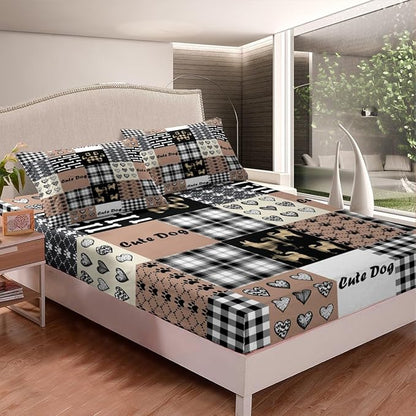 Cute Dog Fitted Bottom Sheet Queen Size,Cartoon Puppy Paw Print Sheet Set Soft Polyester Bedding(No Top Sheet),Splicing Geometric Cute Dog Animal Bed Cover(1 Fitted Sheet+2 Pillow Cases)