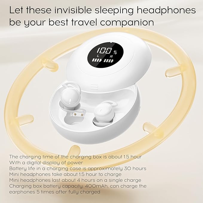 sunvito Sleep Earbuds Bluetooth 5.4, Mini Invisible Silicone Sleep Earbuds for Side Sleepers, Noise Blocking Sleeping Headphones, Hidden Earbuds with LED Display for Small Ears, Sleep & Relax (White)