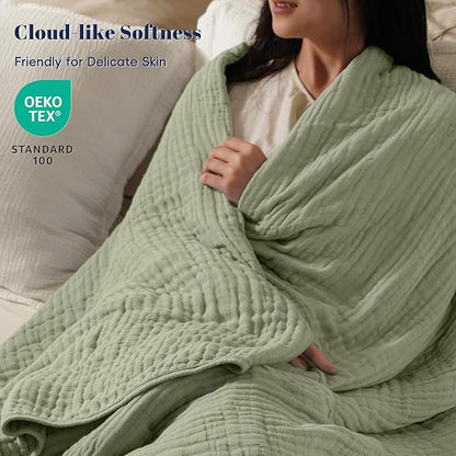 PHF Cooling Muslin Blanket Queen Size 90"x80", 6-Layer Lightweight Gauze Blanket Made from 35% Rayon Derived from Bamboo & 65% Cotton, Breathable & Ultra Soft Cozy for Hot Sleepers, Tea