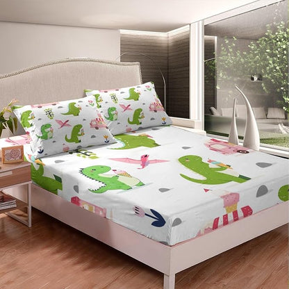 Summer Ice Cream Truck Fitted Bottom Sheet Twin Size,Kawaii Dinosaur Animals Sheet Set Soft Polyester Bedding,Rustic Flowers Dino Wildlife Bed Cover(1 Fitted Sheet+1 Pillow Case)