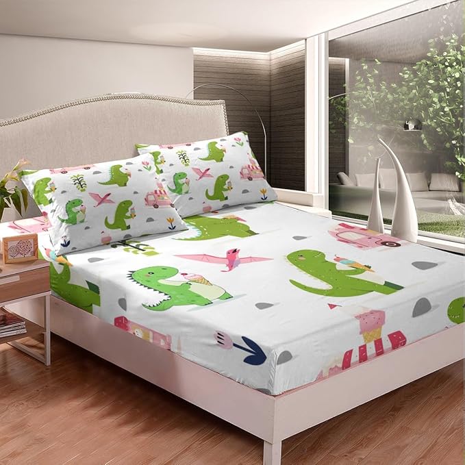 Summer Ice Cream Truck Fitted Bottom Sheet Full Size,Kawaii Dinosaur Animals Sheet Set Soft Polyester Bedding,Rustic Flowers Dino Wildlife Bed Cover(1 Fitted Sheet+2 Pillow Cases)