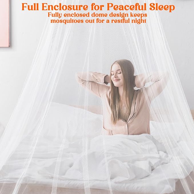Fully Enclosed Mosquito Net Round Dome Canopy for King-Sized Beds No Opening Conical Design Bed Canopy for Insect Protection Easy Installation with Hanging Kit & Adhesive Ceiling Hook(White)