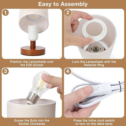 Fenmzee Small Table Lamp for Bedroom - Inline Control, Bedside Lamp with 3000K A15 LED Blub, Easy Assembly (Beige Shade - Walnut Base, 9" Inline Control)