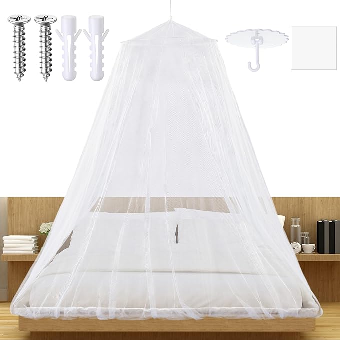 Fully Enclosed Mosquito Net Round Dome Canopy for King-Sized Beds No Opening Conical Design Bed Canopy for Insect Protection Easy Installation with Hanging Kit & Adhesive Ceiling Hook(White)