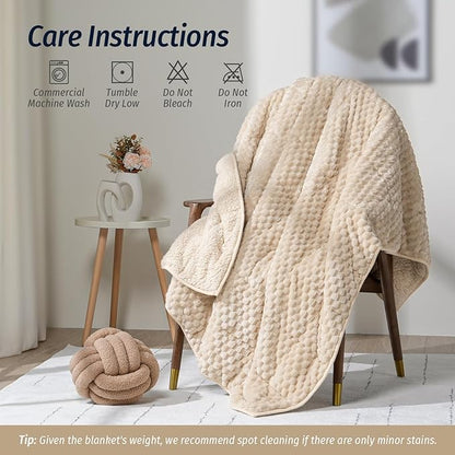 Wemore Fleece Weighted Blanket for Adults (48" x 72" 15lbs, Khaki), Dual Sided Cozy Soft Sherpa Heavy Blanket, 3D Imitation Turtle Shell Warm Jacquard Flannel Weighted Blankets for Couch and Bed