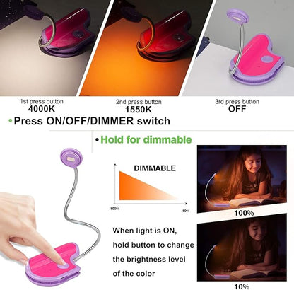 Amber Reading Light Rechargeable, Book Light Kids for Reading in Bed, Clip On Reading Book Light, 2 Lighting Modes, Blue Light Blocking for Eye-Care, Small Bookmark Light for Bookworm-Violet