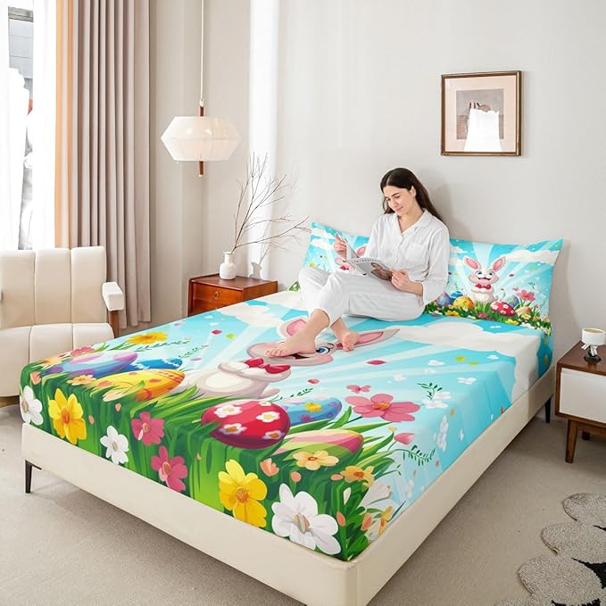 Happy Easter Bed Sheet Full Size Funny Rabbit Easter Egg Bedding Set Spring Flowers Cute Animal Fitted Sheet Kids Boys Girls Room Decor Blue Colorful Soft Sheets with 2 Pillowcase,No Top Flat