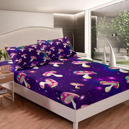Manfei Mushroom Sheet Set Twin,Starry Sky Galaxy Universe Bed Sheet 3pcs with Deep Pocket Fitted Sheet + Flat Sheet + 1 Pillowcase Plant Botanical Theme Bedding Set for Kids Teens Room Decor,Purple