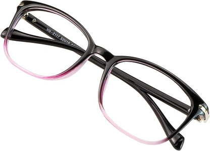 VisionGlobal Blue Light Blocking Glasses for Women/Men, Anti Eyestrain, Computer Reading, TV Glasses, Stylish Square Frame, Anti Glare(Black Purple,+0.75 Magnification)