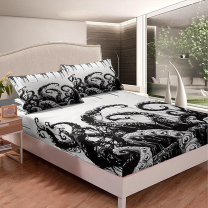 Octopus Kids Fitted Sheet Twin Size,Marine Life Ocean Animals Trippy Bedding Set,Boys Girls Room Decor,Hand-Painted Geometric Abstract Bed Cover,Black White Retro Bed Sheet,1 Pillowcase