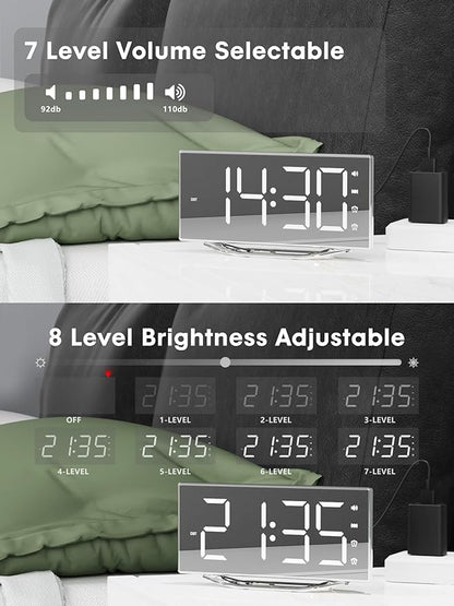 Extra Loud Vibrating Alarm Clock with Bed Shaker for Deep Sleepers Adult Hearing impaired Deaf, Dual Alarms Digital Clock for Bedroom,8.7'' Large Mirror LED Display,USB Charger,Battery Backup,Dimmable
