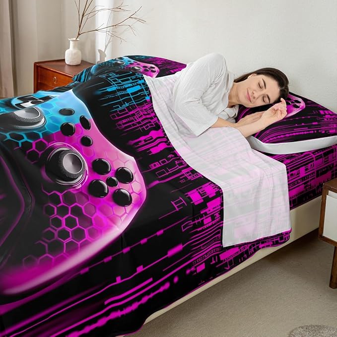 Manfei 3D Gamepad Kids Sheet King Size,Videogaming Controller Bedding Set,Boys Girls Room Decor,Modern Geometric Honeycomb Hexagon Blue Pink Fashion Bed Sheet Set 4pcs(Fitted + Flat + 2 Pillowcases)