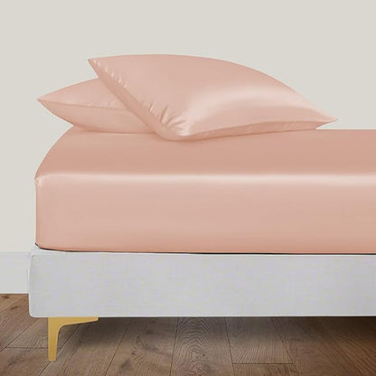 LINENWALAS Fitted Sheet Only Viscose Derived from Bamboo, Bottom Sheet for Twin Size Bed – 16” Deep Pocket, All Around Snug Fit – Cooling, Breathable, Soft, Hypoallergenic (Rose Gold, Twin)