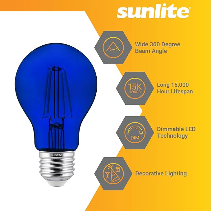 Sunlite 40940 LED Colored Filament A19 Light Bulb, 4.5 Watts, Medium E26 Base, 120 Volts, Transparent Blue, Dimmable, 320 Degree Beam Angle, UL Listed, 6 Count