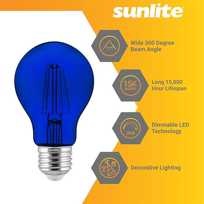 Sunlite 40940 LED Colored Filament A19 Light Bulb, 4.5 Watts, Medium E26 Base, 120 Volts, Transparent Blue, Dimmable, 320 Degree Beam Angle, UL Listed, 6 Count
