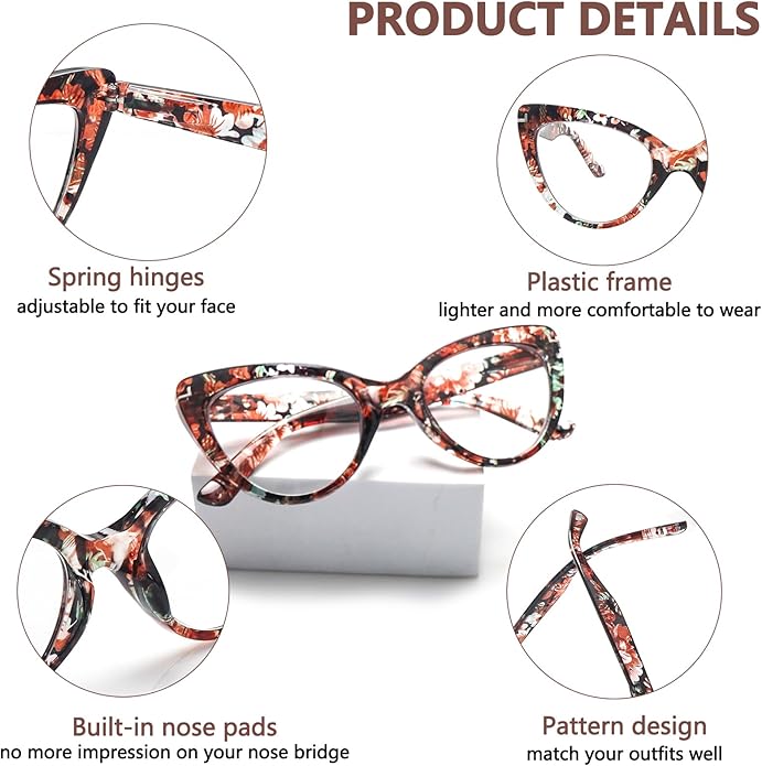 6 Pack Fashion Cat Eye Reading Glasses for Women Blue Light Blocking Oversized Spring Hinges Computer Readers