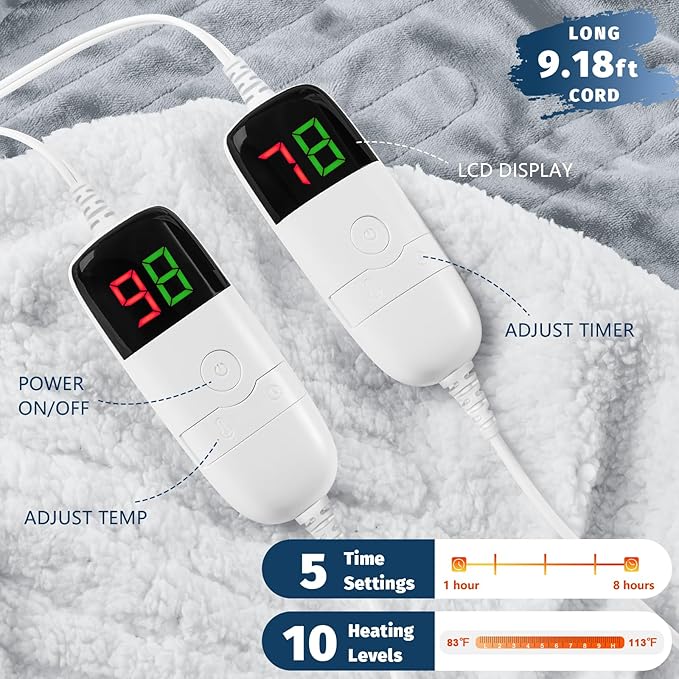 Heated Electric Blanket King Size - 90" x 100" Heating Blanket with Dual Control, 10 Heating Levels & 8 Hours Auto Off, Soft Warm Flannel Blanket, Christmas Birthday Gifts for Senior Grandma