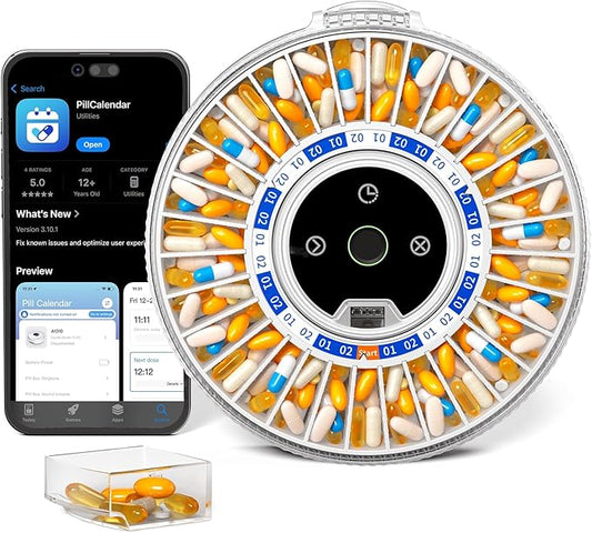 Betife Automatic Pill Dispenser for Elderly with Alarm – 31-Day Smart Bluetooth Pill Box, App Support, Fingerprint + Key Dual Lock, Arthritis-Easy Open, Plug-in/Battery Backup, Monthly Timer Dispenser