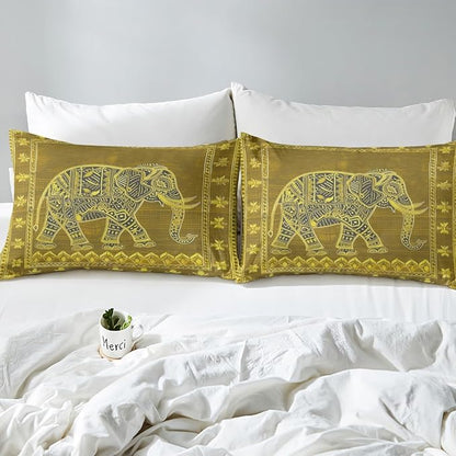 Manfei Indian Pattern Kids Sheet Queen Size,Native American Indian Style Bedding Set,Boys Girls Room Decor,Exotic Elephant Bohemia Golden Trippy Boho Bed Sheet Set 4pcs(Fitted + Flat + 2 Pillowcases)