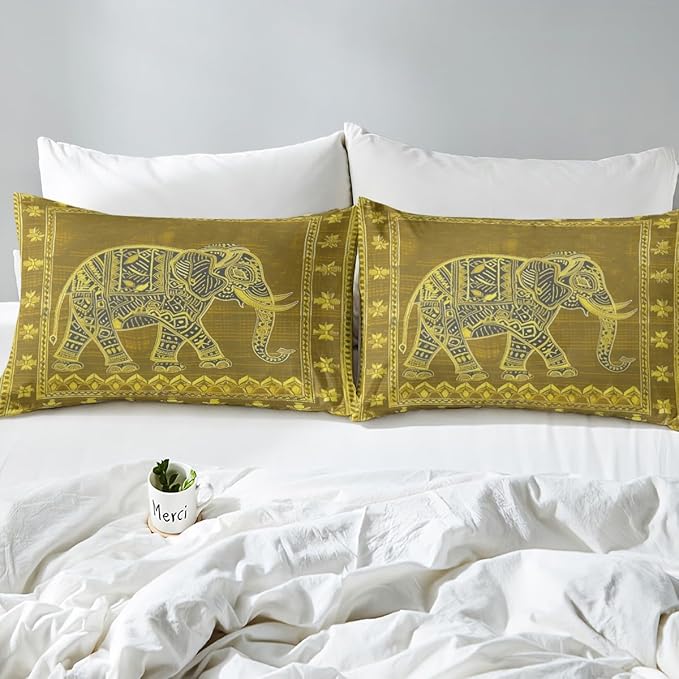 Manfei Indian Pattern Kids Sheet Twin Size,Native American Indian Style Bedding Set,Boys Girls Room Decor,Exotic Elephant Bohemia Golden Trippy Boho Bed Sheet Set 3pcs(Fitted + Flat + 1 Pillowcase)