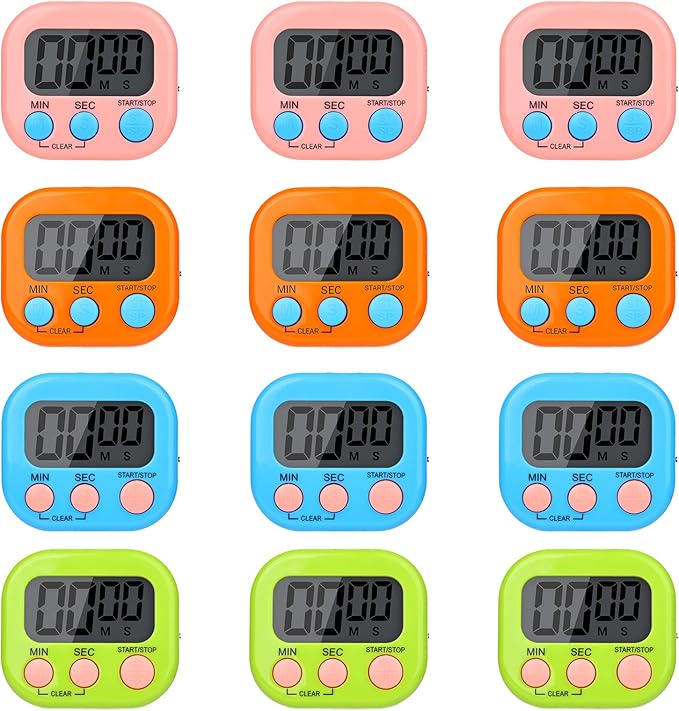 Mwellewm Digital Timers for Classroom Kitchen Timers for Cooking Small Magnetic Stopwatch Mini Countdown Loud Alarm Stop for Study Work Baking Sports Games Office(Pink, Blue, Green, Orange, 12Pcs)