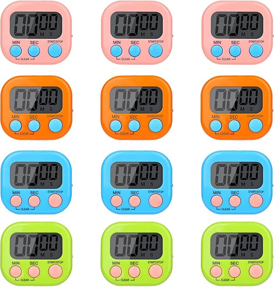 Mwellewm Digital Timers for Classroom Kitchen Timers for Cooking Small Magnetic Stopwatch Mini Countdown Loud Alarm Stop for Study Work Baking Sports Games Office(Pink, Blue, Green, Orange, 12Pcs)