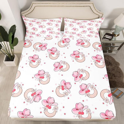 Western Cowgirl Fitted Sheet,Tribal Pink Horseshoe Hats Starry White Sheet Set for Ultra Soft Room Gift,Cartoon Princess Style Bowknots Cherry Bedding Set with 2 Pillowcases,Queen Size