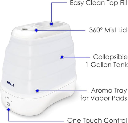 Crane x HALLS Collapsible Cool Mist Humidifier for Bedroom and Office, 1 Gallon Portable Humidifier for Travel and Easy Storage, Blue and White