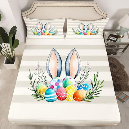 Happy Easter Bed Sheet Queen Size Easter Egg Spring Holiday Bedding Set Flowers Cute Animal Fitted Sheet Kids Boys Girls Room Decor Beige Gray Soft Sheets with 2 Pillowcase,No Top Flat